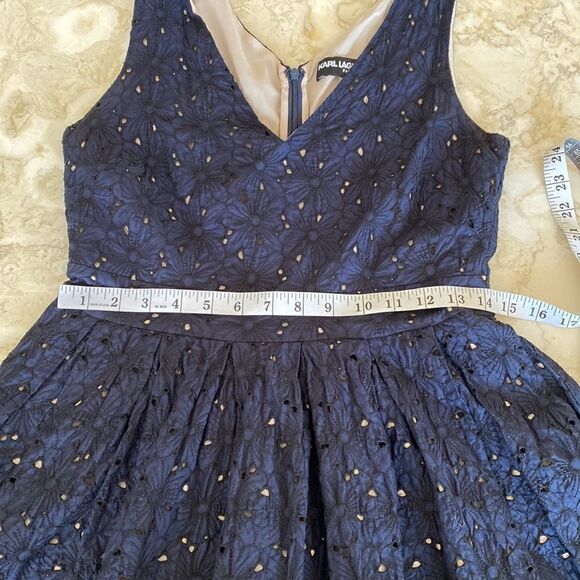 Karl Lagerfeld Navy Blue Cotton Eyelet Sleeveless V-Neck Summer Mini Dress - Picture 13 of 16